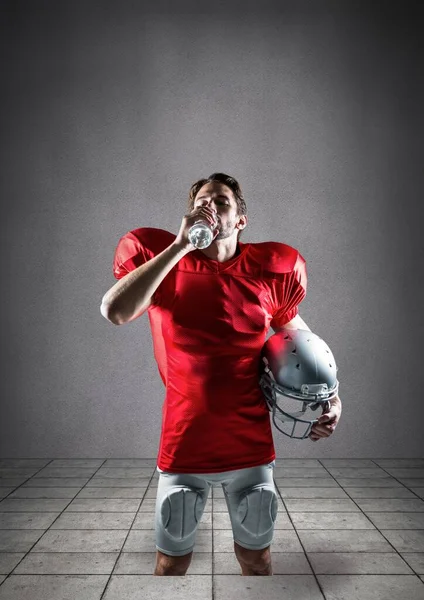 Caucasian Male Rugby Player Drinking Water Copy Space Grey Background — Fotografia de Stock