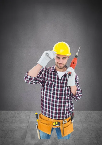 Portrait Caucasian Male Worker Holding Drill Machine Copy Space Grey — Stock Photo, Image