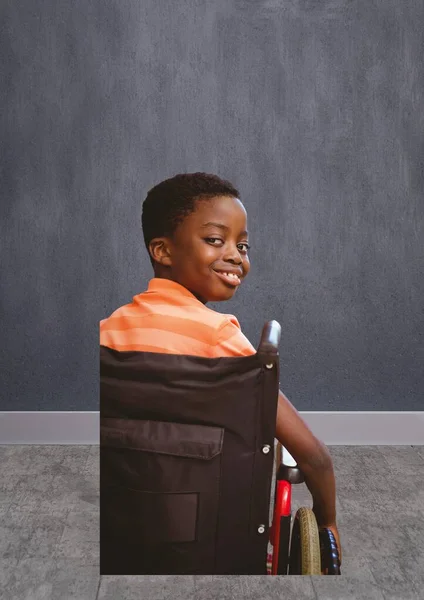 Portrait African American Boy Wheelchair Copy Space Grey Background Handicap — стокове фото