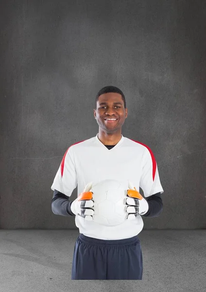 African American Male Goalkeeper Holding Soccer Ball Copy Space Grey — 스톡 사진