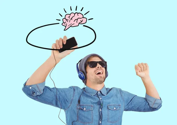 Brain Icon Banner Copy Space Caucasian Man Listening Music Blue —  Fotos de Stock