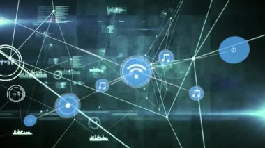 Işıldayan noktalar üzerindeki simgelerle bağlantı ağının animasyonu. küresel ağlar, bağlantılar ve dijital arayüz konsepti dijital olarak oluşturulmuş video.