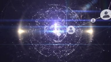 Dünya üzerinde parlayan noktaları olan insan simgeleriyle bağlantı ağının animasyonu. küresel ağlar, bağlantılar ve dijital arayüz konsepti dijital olarak oluşturulmuş video.