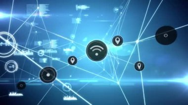 Işıldayan noktalar üzerindeki simgelerle bağlantı ağının animasyonu. küresel ağlar, bağlantılar ve dijital arayüz konsepti dijital olarak oluşturulmuş video.