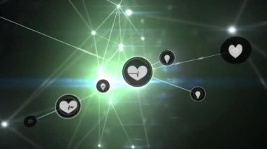 Işıldayan noktalar üzerindeki simgelerle bağlantı ağının animasyonu. küresel ağlar, bağlantılar ve dijital arayüz konsepti dijital olarak oluşturulmuş video.