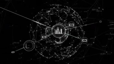 Dünyanın dört bir yanındaki parlayan benekli simgelerle bağlantı ağının animasyonu. küresel ağlar, bağlantılar ve dijital arayüz konsepti dijital olarak oluşturulmuş video.