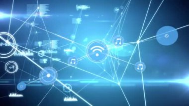 Işıldayan noktalar üzerindeki simgelerle bağlantı ağının animasyonu. küresel ağlar, bağlantılar ve dijital arayüz konsepti dijital olarak oluşturulmuş video.