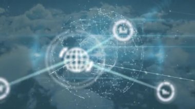 Dünya, gökyüzü ve bulutlardaki simgelerle bağlantı ağının animasyonu. küresel bağlantılar, ağlar ve dijital arayüz konsepti dijital olarak oluşturulmuş video.