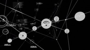 Işıldayan noktaları olan simgelerle bağlantı ağının animasyonu. küresel ağlar, bağlantılar ve dijital arayüz konsepti dijital olarak oluşturulmuş video.
