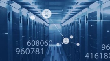 Bilgisayar sunucuları üzerinden simgeler ve verilerle bağlantı ağının animasyonu. küresel ağlar, bağlantılar ve dijital arayüz konsepti dijital olarak oluşturulmuş video.