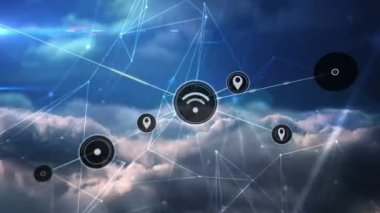 Gökyüzü ve bulutların üzerindeki simgelerle bağlantı ağının animasyonu. küresel ağlar, bağlantılar ve dijital arayüz konsepti dijital olarak oluşturulmuş video.