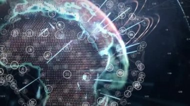 Dünya, gökyüzü ve bulutlardaki simgelerle bağlantı ağının animasyonu. küresel bağlantılar, ağlar ve dijital arayüz konsepti dijital olarak oluşturulmuş video.