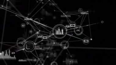 İstatistikler üzerinden simgelerle bağlantı ağının animasyonu. küresel ağlar, bağlantılar ve dijital arayüz konsepti dijital olarak oluşturulmuş video.
