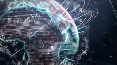 Dünya üzerindeki simgelerle bağlantı ağının animasyonu. küresel bağlantılar, ağlar ve dijital arayüz konsepti dijital olarak oluşturulmuş video.