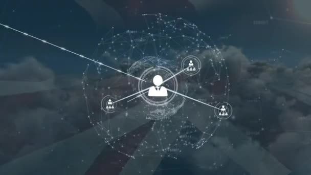 Animation Des Netzwerks Von Verbindungen Mit Menschen Symbolen Über Himmel — Stockvideo