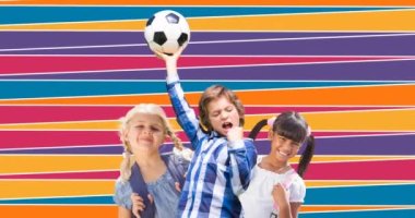 Animation of diverse children with boy holding football over over striped background. childhood and international children's day concept digitally generated video.