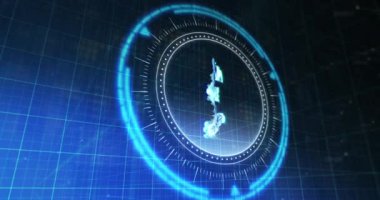 Mavi ve siyah dijital alanda dönen yarım kiloluk işlem çemberinin animasyonu. İletişim, para birimi, finans ve teknoloji konsepti dijital olarak oluşturulmuş video.