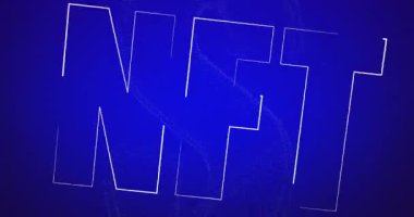 Mavi arkaplan üzerinde beyaz nft metin animasyonu. küresel ağ, dijital kaynaklar, teknoloji ve dijital arayüz kavramı dijital olarak oluşturulmuş video.