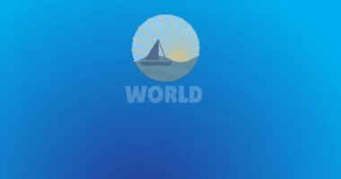 Dünya Denizcilik Günü animasyonu. Tekne ve güneş ikonu üzerine yazı. dünya deniz günü ve dijital olarak üretilen video konsepti.