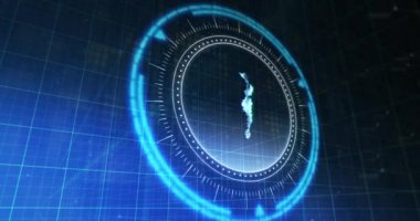 Mavi ve siyah dijital alan üzerinde dönen yen ile işlem çemberinin animasyonu. İletişim, para birimi, finans ve teknoloji konsepti dijital olarak oluşturulmuş video.