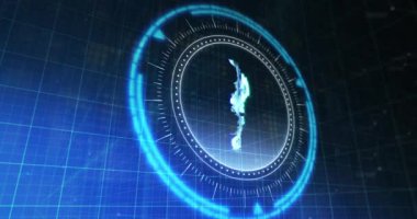 Mavi ve siyah dijital alan üzerinde dönen rouble ile işlem çemberinin animasyonu. İletişim, para birimi, finans ve teknoloji konsepti dijital olarak oluşturulmuş video.