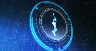 Mavi ve siyah dijital alan üzerinde dönen dolarla işlem çemberinin animasyonu. İletişim, para birimi, finans ve teknoloji konsepti dijital olarak oluşturulmuş video.