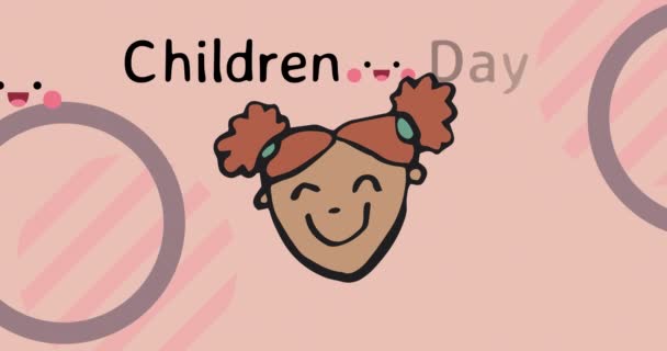 在粉色背景上 儿童期的动画文本胜过快乐女孩的图解 儿童与国际儿童节概念数码录像 — 图库视频影像