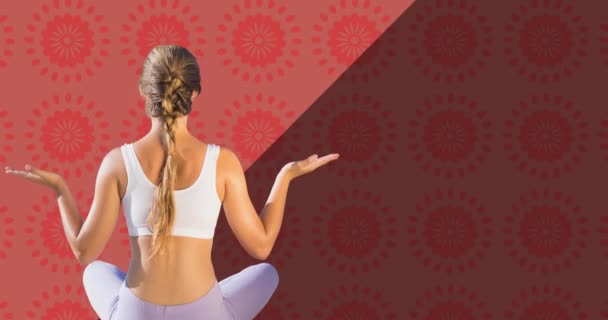 Animation World Meditation Day Text Caucasian Woman Meditating Red Background — Stock Video