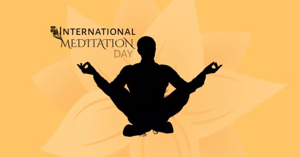 Animation International Meditation Day Text Man Meditating Silhouette Yellow Background — Stock Video