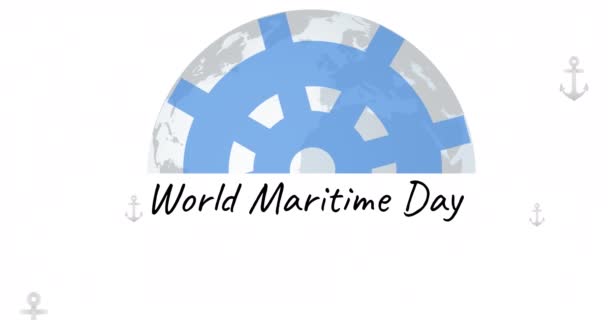 アンカーと地球上の世界海洋の日のテキストのアニメーション 世界海事デーとお祝いの概念デジタル生成ビデオ — ストック動画