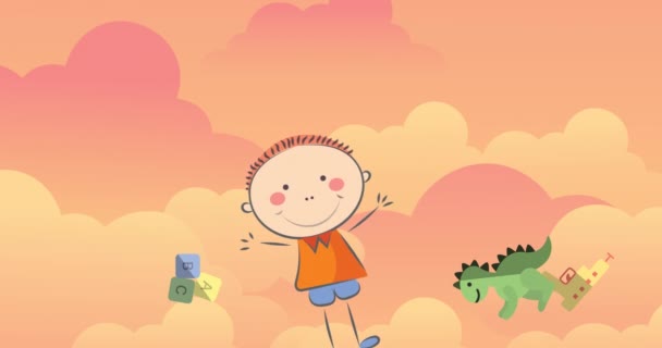 Анимация Иллюстрации Счастливого Мальчика Игрушками Над Оранжевыми Облаками Заднем Плане — стоковое видео