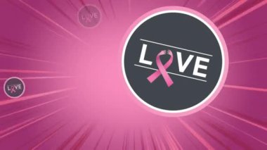 Pembe arkaplanda pembe kurdele ve aşk metni animasyonu. Göğüs kanseri pozitif farkındalık kampanyası konsepti dijital olarak üretildi.