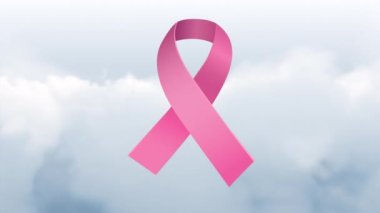 Bulutlu gökyüzünde pembe kurdelenin animasyonu. Göğüs kanseri pozitif farkındalık kampanyası konsepti dijital olarak üretildi.