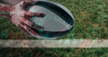 Rugby topunu tutan elin yakın planına karşı veri işleme ile dijital arayüz. spor ve yarışma konsepti