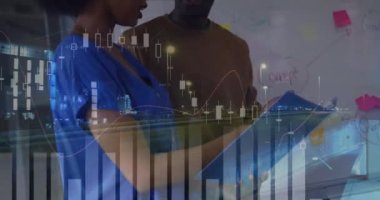 Animation of financial data processing over street and african american business people in office. global finances, technology and digital interface concept digitally generated video.