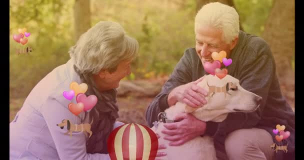 Animacja Psów Balonów Nad Szczęśliwą Parą Seniorów Pieszczących Parku Emerytura — Wideo stockowe