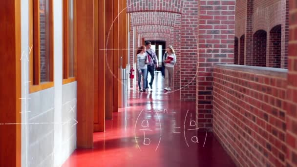 在不同的学生在学校走廊上说话和走路时 数学公式的动画化 学习和重返校园的概念 — 图库视频影像