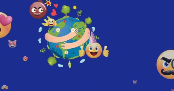 Анимация Смайликов Плывущих Над Руками Держащими Глобус Голубом Фоне Глобальные — стоковое видео