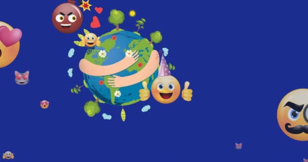 Animación Emoticonos Flotando Sobre Manos Sosteniendo Globo Sobre Fondo Azul — Vídeos de Stock