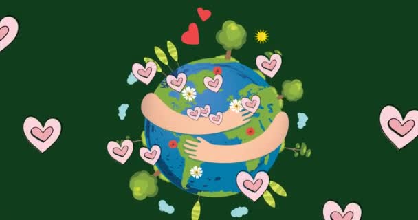 Анимация Сердец Плавающих Над Руками Держащих Земной Шар Зеленом Фоне — стоковое видео