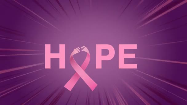 Animation Pink Ribbon Hope Text Purple Background Breast Cancer Positive — Stock Video