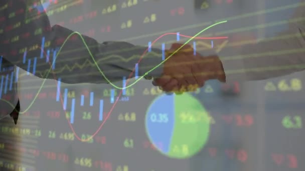 Animação Processamento Dados Financeiros Sobre Pessoas Negócios Apertando Mãos Conexões — Vídeo de Stock