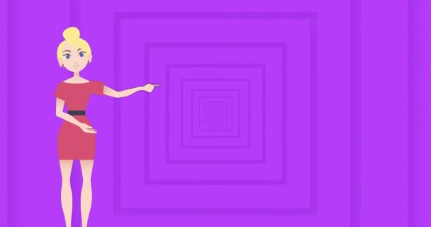 Animación Mujer Icono Sobre Cuadrados Púrpura Fondo Abstracto Concepto Patrón — Vídeo de stock