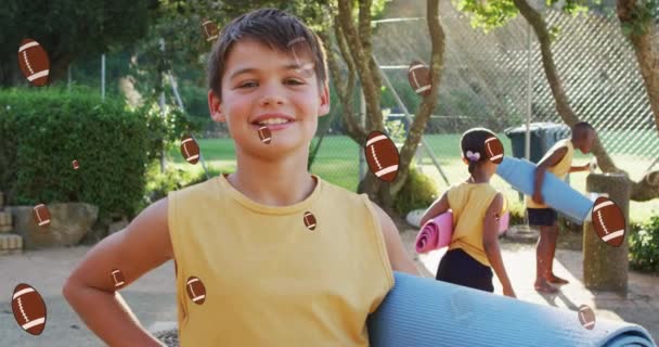 Animation American Football Balls Smiling Caucasian Boy School Education Learning — Stockvideo