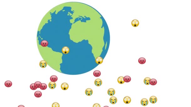 Animation Diverser Emoticons Die Über Den Globus Auf Weißem Hintergrund — Stockvideo