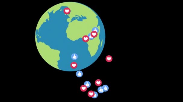 Animation Social Media Reactions Floating Globe Black Background Global Social — Stock Video