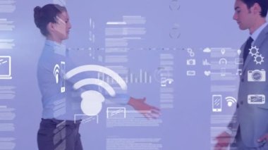 Kafkasyalı iş adamlarının el sıkışarak finansal veri işleme animasyonu. küresel iş, finans ve dijital arayüz kavramı dijital olarak oluşturulmuş video.