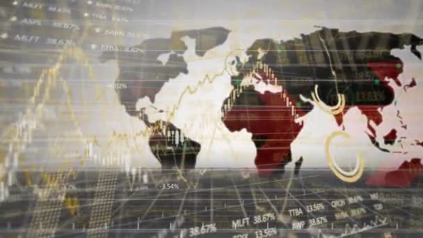 Animacja Przetwarzania Danych Finansowych Mapie Świata Globalne Połączenia Biznes Interfejs — Wideo stockowe