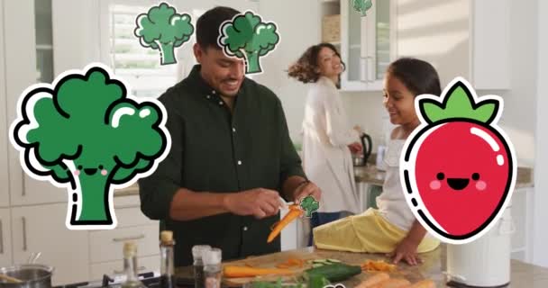 Animação Ícones Comida Sobre Família Biracial Cozinha Conceito Moda Estilo — Vídeo de Stock