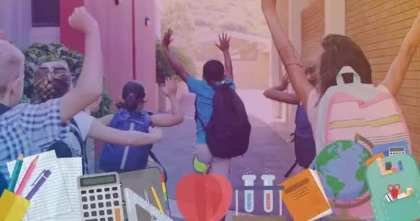 Animación Del Equipo Escolar Sobre Espalda Diversos Alumnos Que Corren — Vídeos de Stock